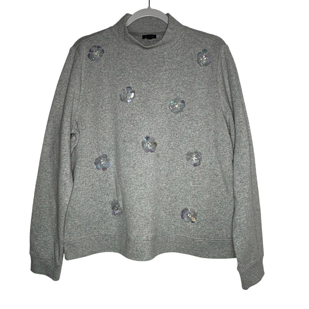 Talbots Womens Gray Sequin Pearl 3D Floral Mock Neck Sweatshirt Large L 8516